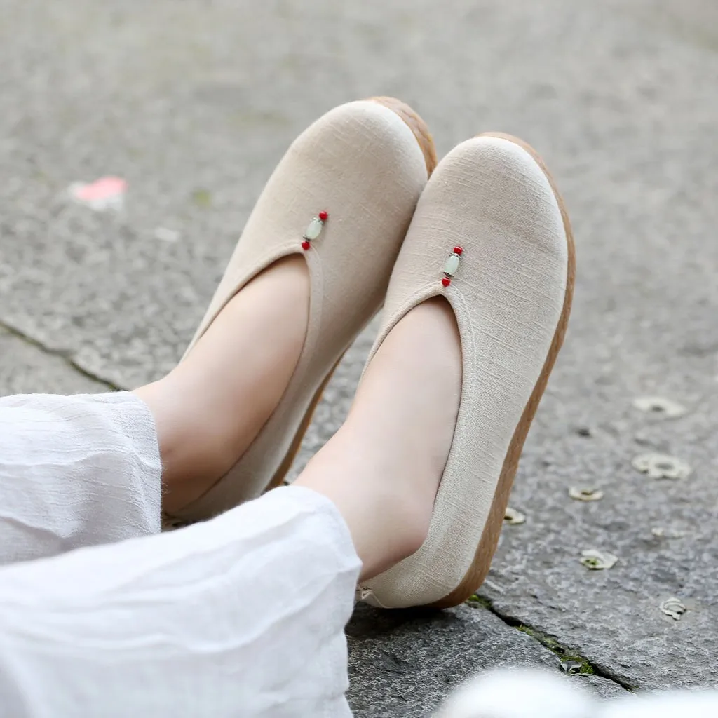 Women's national wind shoes Chinese style flat bottom wild cloth Shoes Leisure Round Toe Slip-On String Bead Hemp 2019 | Обувь