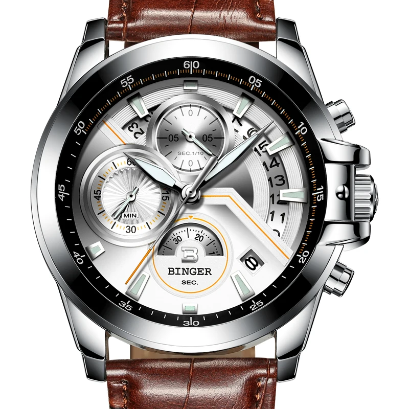 

Switzerland BINGER Mens Watches Top brand luxury Quartz Watch Men Calendar Chronograph Sapphire HD Luminous Leather Strap Clock