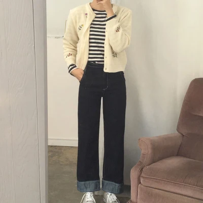 2017 корейский шикарный стиль осенние короткие дизайнерские свитера с цветочной