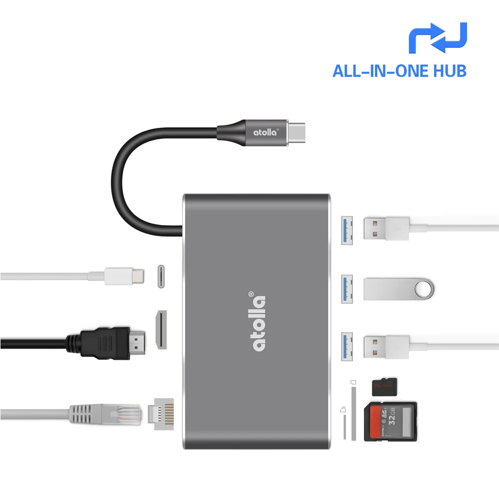 Atolla usb-хаб USB C к HDMI RJ45 гигабитный Ethernet порт адаптер для MacBook samsung Galaxy S9 huawei mate 20 P20 Pro type C USB