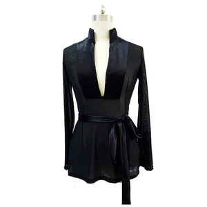 Мужские черные топы для латиноамериканских танцев 2020, женская рубашка с длинными рукавами из мягкого молочного шелка и лайкры, топы для взрослых для бальных танцев ча-Румба DQ7049