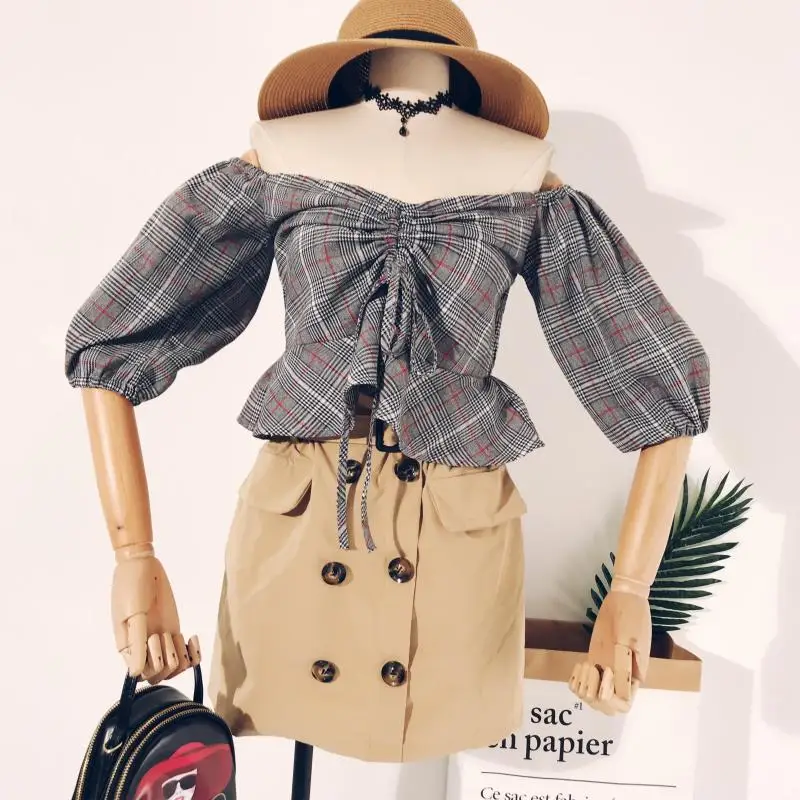 2018 новые модные женские blusas Осень ретро плед slash шеи короткий блузка рубашка