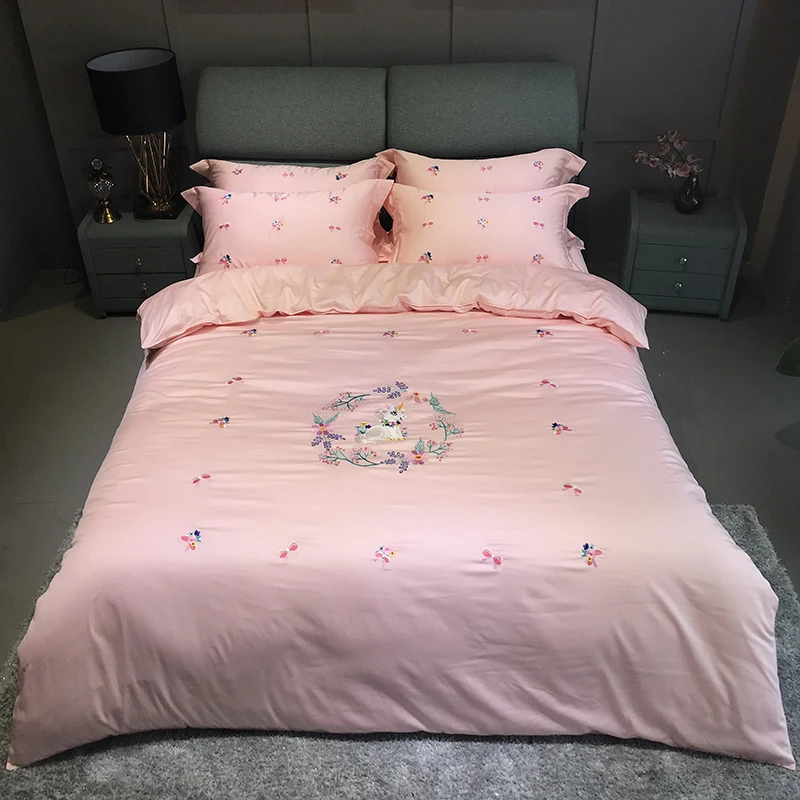 

Egyptian cotton gray pink color Unicorn bedding set queen king size 4pcs bed sheet bed linen set embroidered duvet cover