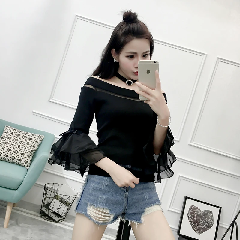 Женская мода Slim вязание свитера с открытыми плечами и расклешенными футболки из