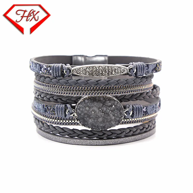 HX женский кожаный браслет с магнитной пряжкой из натурального камня Кристальный