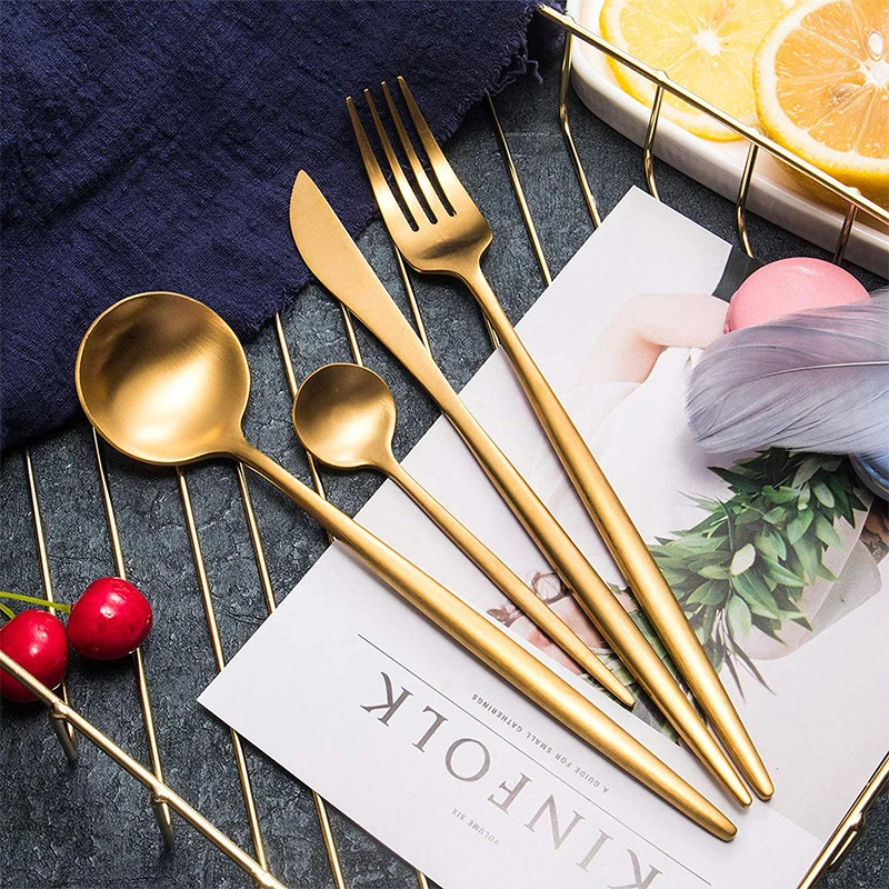 4 Pieces Spanish Stainless Steel Flatware Set, Knife Fork Spoons, Travel Camping Cutlery Set, Reusable Lunch Box Utensils