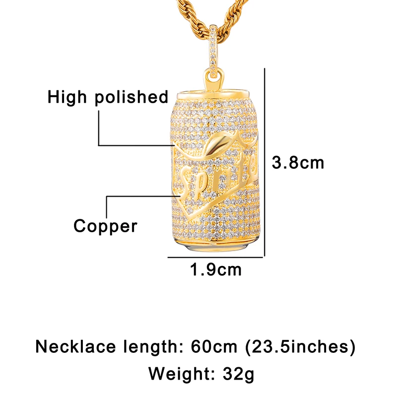 Кулон в стиле хип хоп с инкрустацией из фианита форме бутылки спрайта Медный
