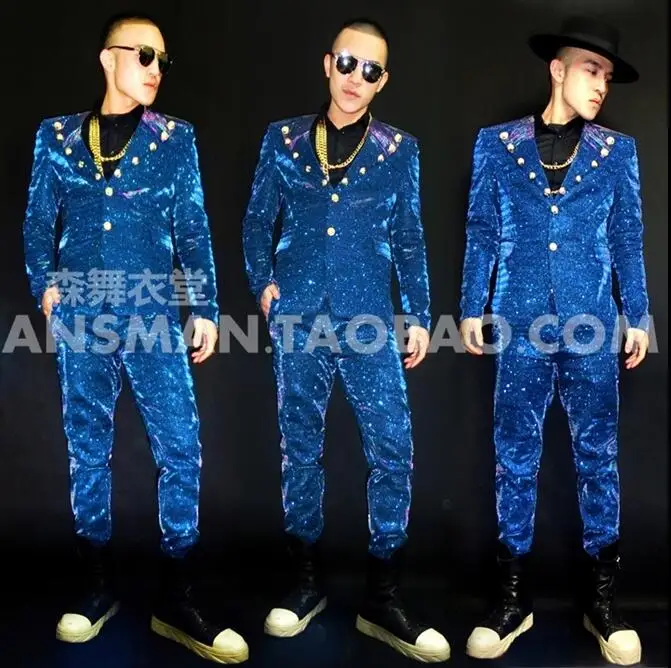 

2022 Male Singer DJ Fashion GD With The Same Paragraph Magic Color Blue Super Flash Palace Big Lapel Suit Costumes