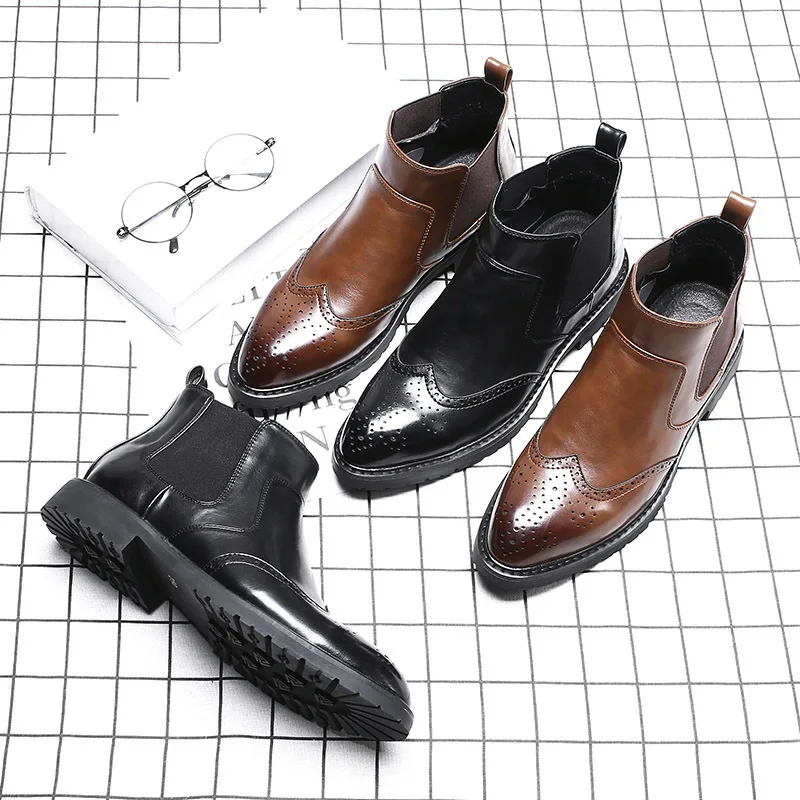 

NPEZKGC Spring Winter Fur Men's Chelsea Boots Leather Casual Shoes Male British Style Slip-on Wedding Dress Short Boot For Man