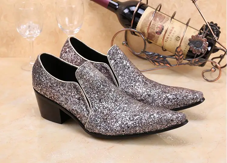 New Imitate Genuine Leather Men Oxford sequin high heels Pointed toes male wedding shoes slip-on smart casual dress sheos | Обувь
