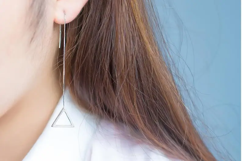 Женские Длинные треугольные серьги RYOUCUTE корейские из настоящего серебра 100%