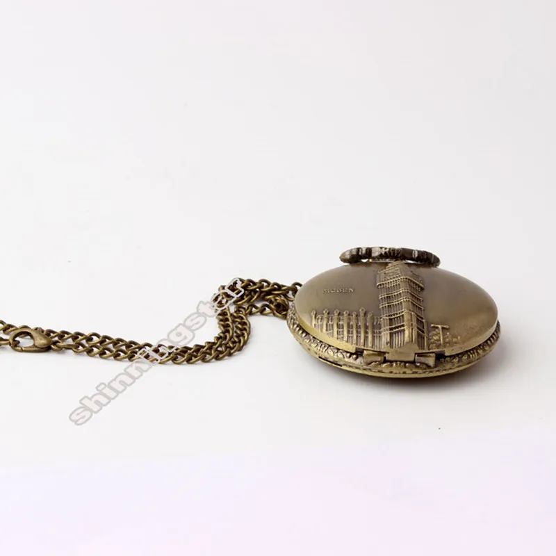 

Bronze Vintage Retro New Nice BIGBEN Landmark Carving Quartz Pocket Watch With Necklace Chain Men Women Boy Best Gift