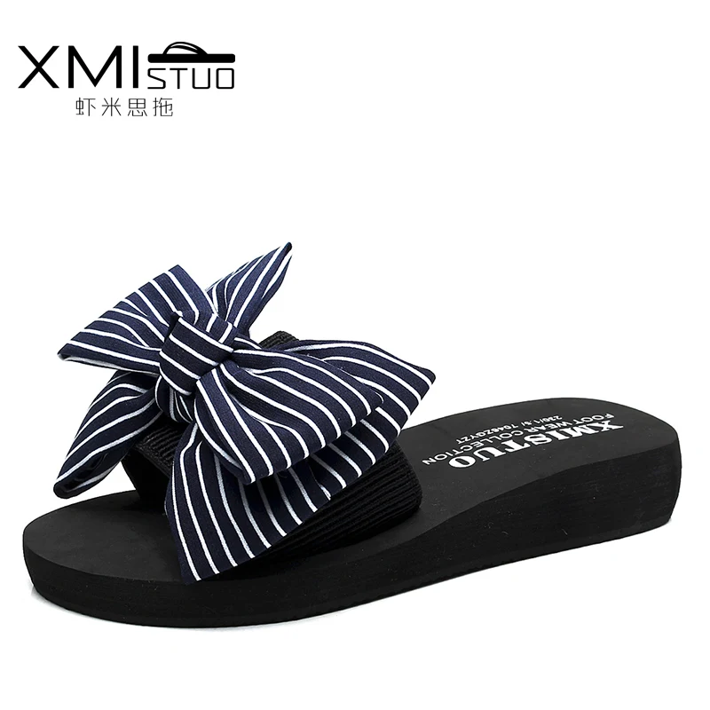 Women Striped Bow Patch High Heel Casual Slippers | Тематическая одежда и униформа