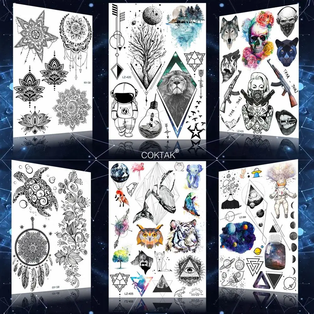 

Diamond African Lion Tree Moon Whale Star Planet Tattoos Stickers Women Men Whale Temporary Tattoo Paper Paste Fake Custom Tatoo