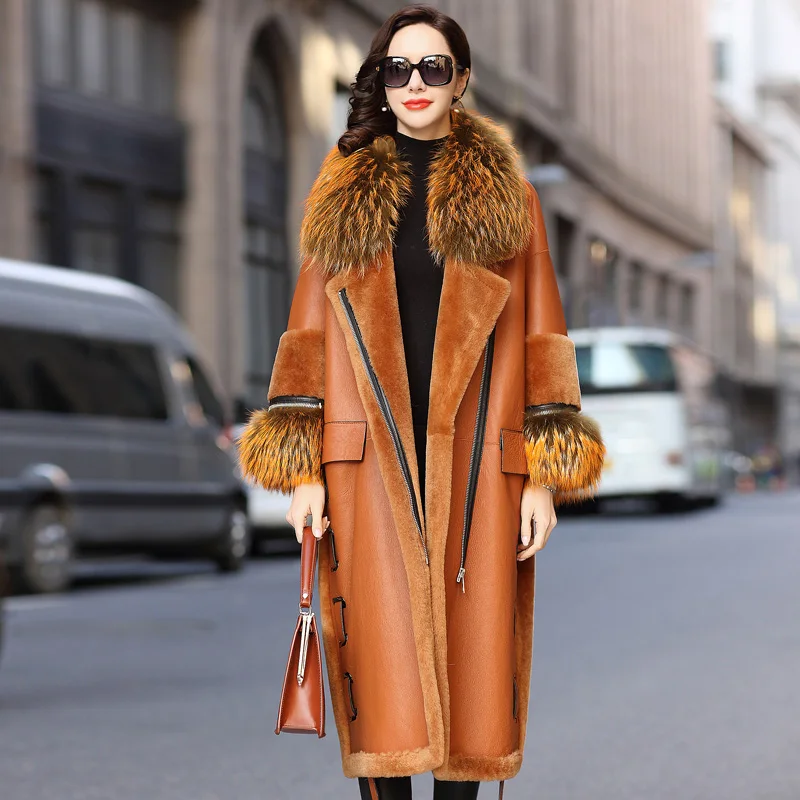 NEW Real sheepskin jacket women plus size Luxury clothes European style Women's leather jackets Haute couture Raccoon fur collar