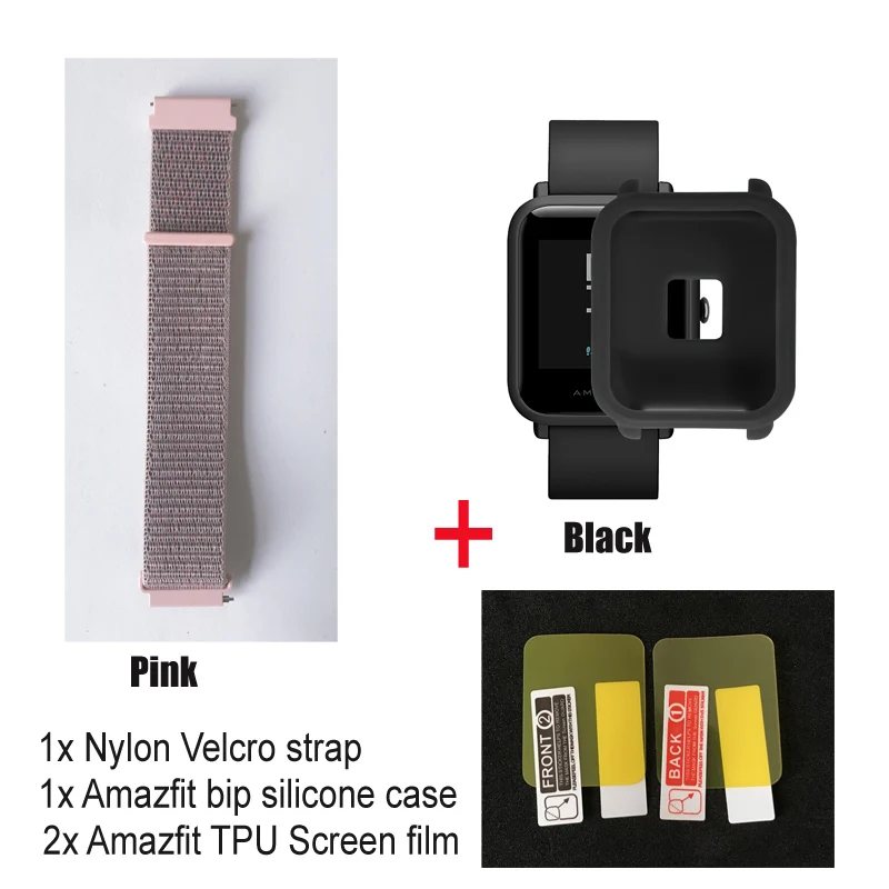 pink-black case 4в1 нейлоновый ремешок для Amazfit ремешок Bip Xiaomi Huami Amazfit Bip браслет ремешок для часов нейлоновая петля наручный ремешок чехол Защитная пленка - Цвет: pink-black case