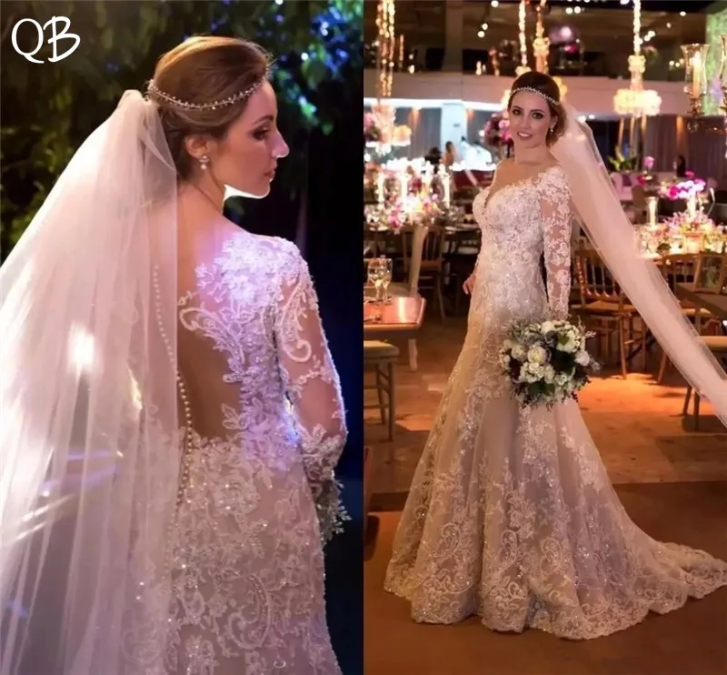 

Custom Made Wedding Dresses 2019 Mermaid Long Sleeve Beading Lace Flowers Appliques Sexy Luxury Wedding Gowns Plus Size ZF06