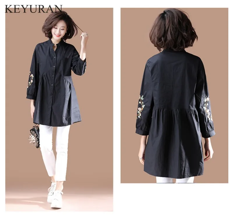 Женская блузка с длинным рукавом модель 2020 года цветочной вышивкой черная и