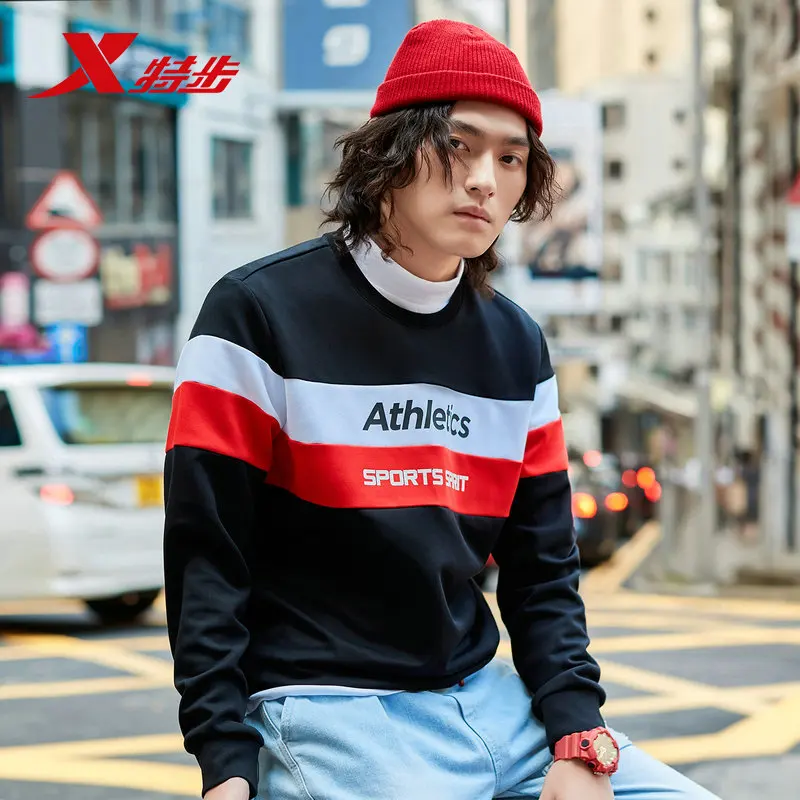 

Xtep Men Sports Hoodies Sweater Autumn Round Neck Pullover Contrast Color Striped Fashion Men's Casual Sweater 881329059206