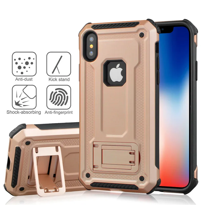 Гибридный двухслойный жесткий ТПУ+ PC Kickstand чехол для телефона для iPhone XS Max XR X 6 6S 7 8 Plus противоударный Противоскользящий защитный чехол - Цвет: champagne