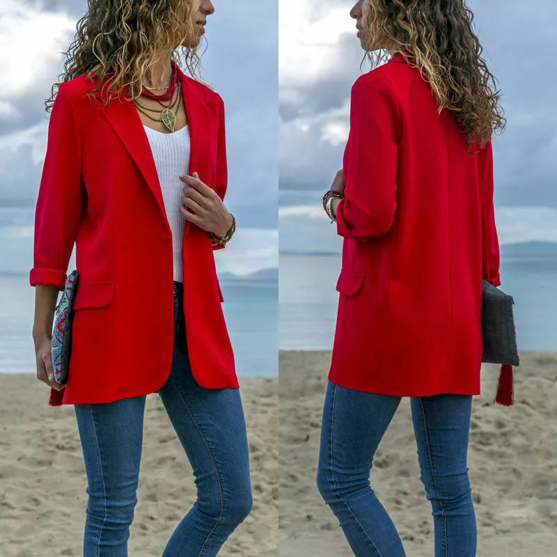 

Women Long Sleeve Blazers Black Red Blue Solid Color Ladies Business Suit Cardigan Jacket Suit Long Sleeve Cardigan Slim Blazer