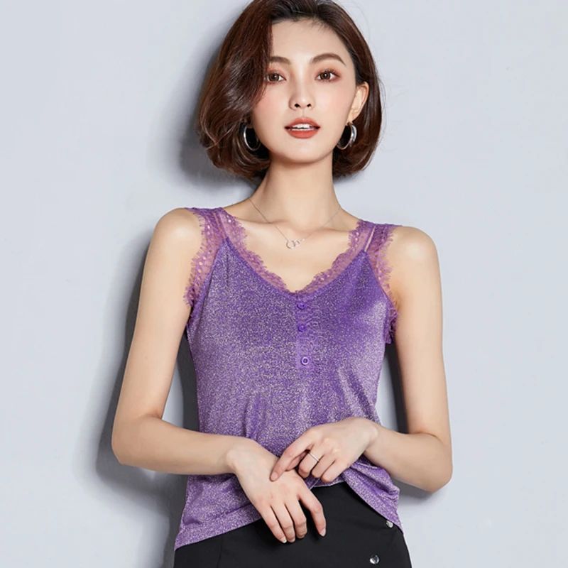Пикантные майки с V образным вырезом кружевной Блестящий шелковый мягкий