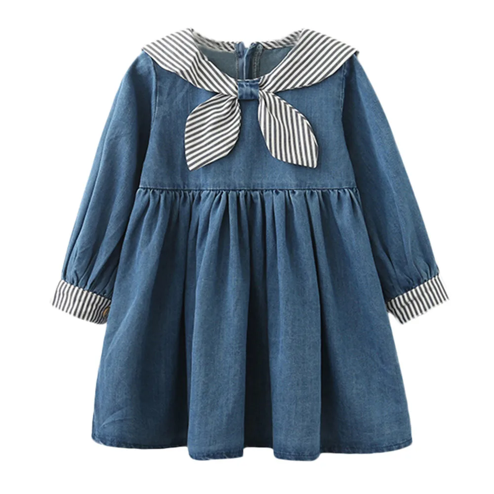 2018 new fashion Toddler Kid Girls Long Sleeves Belt Striped Denim Kids Clothing Princess Dress stem21 | Детская одежда и обувь