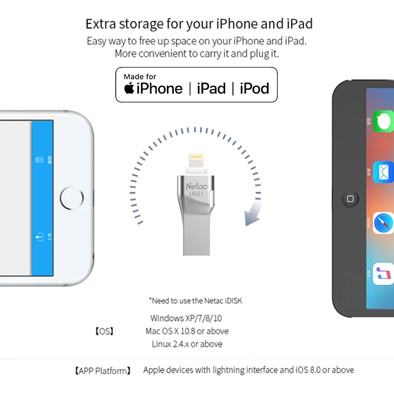 Netac U651 Lightning USB 3,0 OTG флеш-накопитель серебристый 32 Гб 64 Гб алюминиевый сплав USB3.0 флеш-диск металлический Флешка для iphone ipad PC