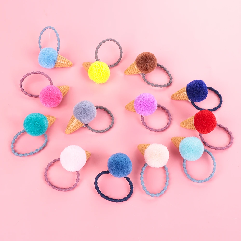 Fashion Kids Ice Cream Fluffy Pompom Girls Hair Ties Seamless Elastic Band Faux Fur Ponytail Holder Rope Headwear | Детская одежда и