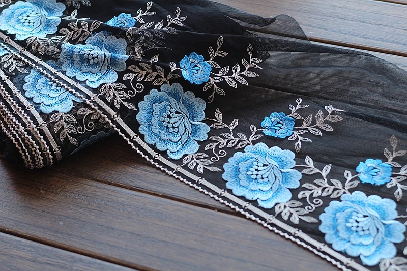 2 ярда кружевная отделка красные розы вышитые черные + синие тюлевые кружева 9 85