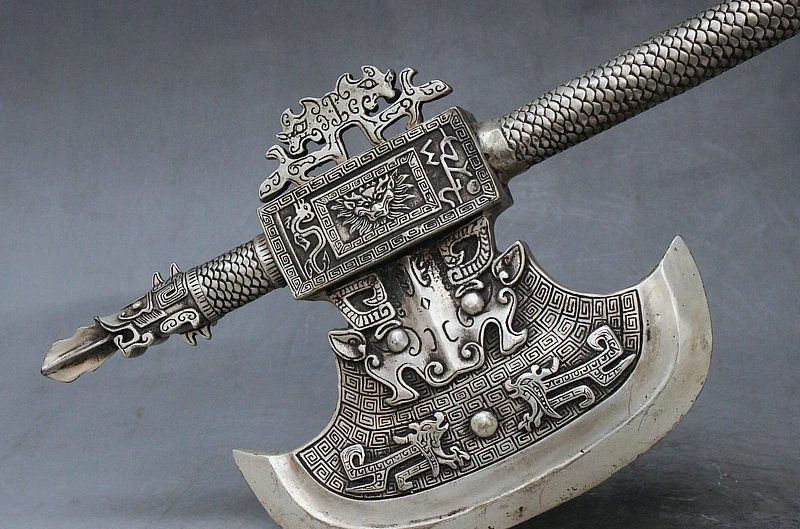 19&quot Ancient China Silver Dragon Lion Beast Hand Shank Weapon Axe Hatchet Statue | Дом и сад