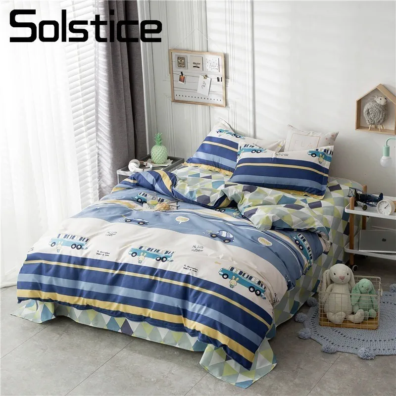 

Solstice Home Textile Duvet Cover Pillowcase Flat Bed Sheet Car Bus Blue Stripe Bedding Linens Set Girl Kid Teen Boys Bedclothes