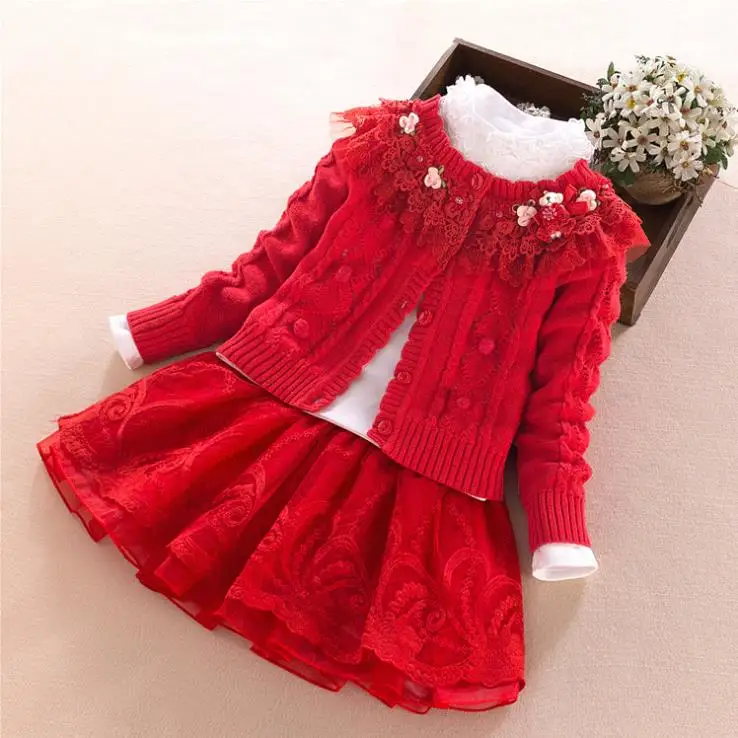 European and American autumn new 2019 Parent-child outfit Knitted sweater + embroidered T-shirt skirts Girl's three-piece | Мать и