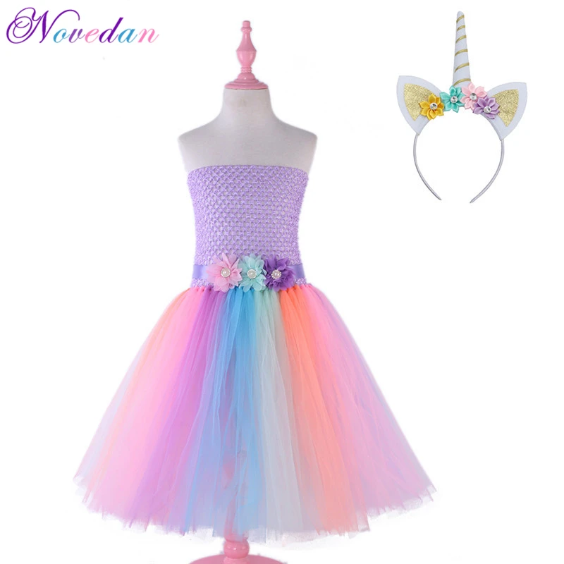 

Girls Unicorn Flower Dress Kids Pastel Tutu Dress Crochet Tulle Dresses With Hairbow Set Children Party Cosplay Costumes Dress