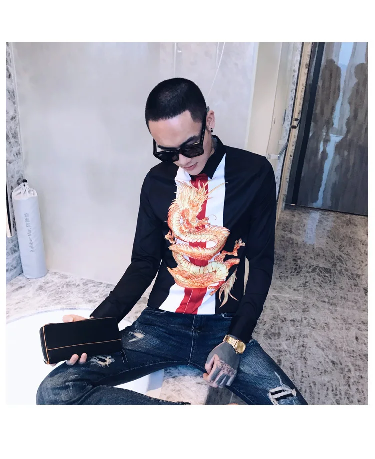 Роскошные сплайсированные ночной клуб смокинг модное платье рубашка Camisa Hombre Slim Fit рубашка Мужская Уличная с принтом дракона Мужская рубашка мужские рубашки