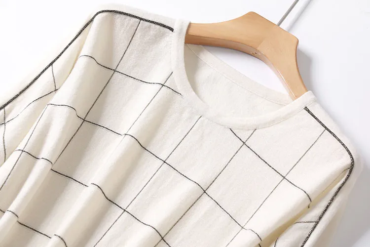 new fashion wool bright silk blend knit women classic plaid thin pullover sweater Oneck 2color M/2XL