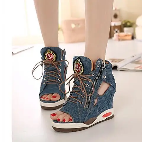 Denim Canvas Gladiator Women's Sandals 2019 Side Zip Peep Toe Summer Fashion High Heel Wedges Female Shoes Ankle Zapatos Mujer | Обувь
