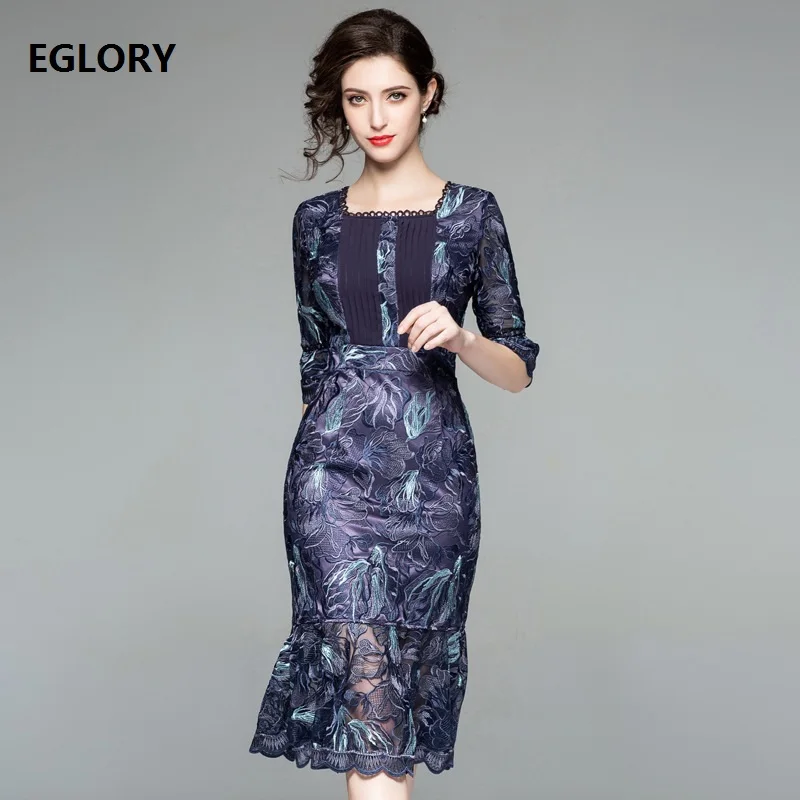 

Blue Red Party Sexy Dress 2018 Autumn Winter Style Women Square Collar Allover Exquisite Embroidery Ruffle Elegant Mermaid Dress