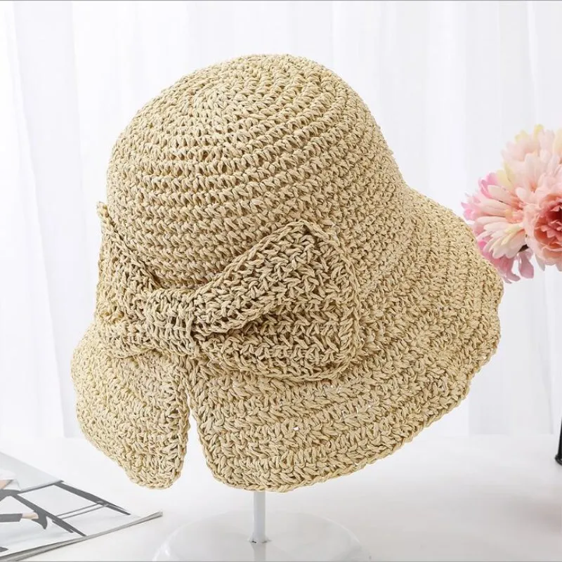 Seioum родитель-ребенок рафия лук шляпа от солнца широкие свисающие поля летние шляпы для женщин Пляжная Панама соломенный котелок, Панама шляпа Femme Shade