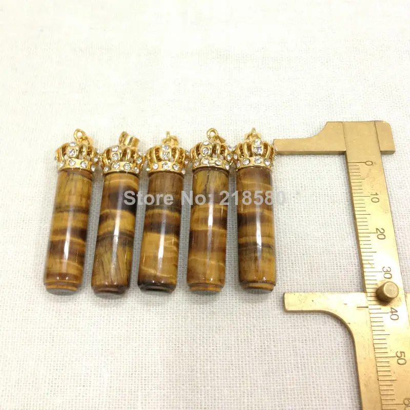

H-PP29 Healing Stone Tiger Eye Crystal Pillar Pendant Cylinder Point Pendant with 24k Gold Crown Cap and Bail