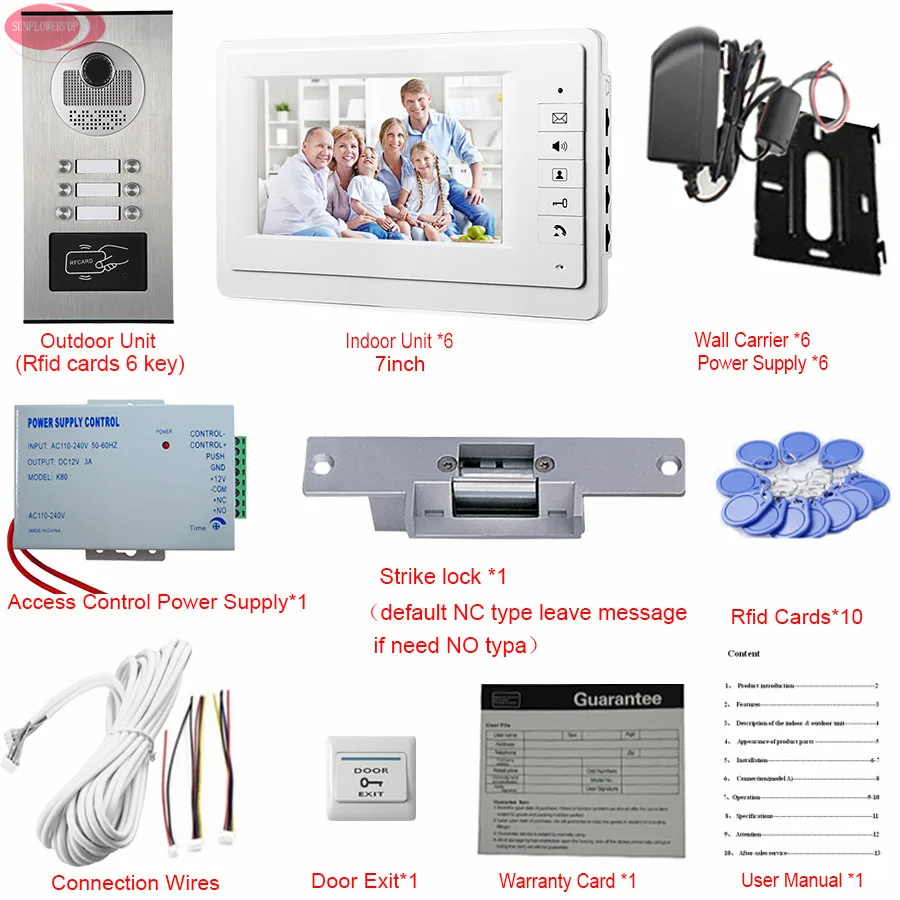Домашний видео телефон двери 7 дюймов Rfid доступ + 6 мониторов дверной звонок