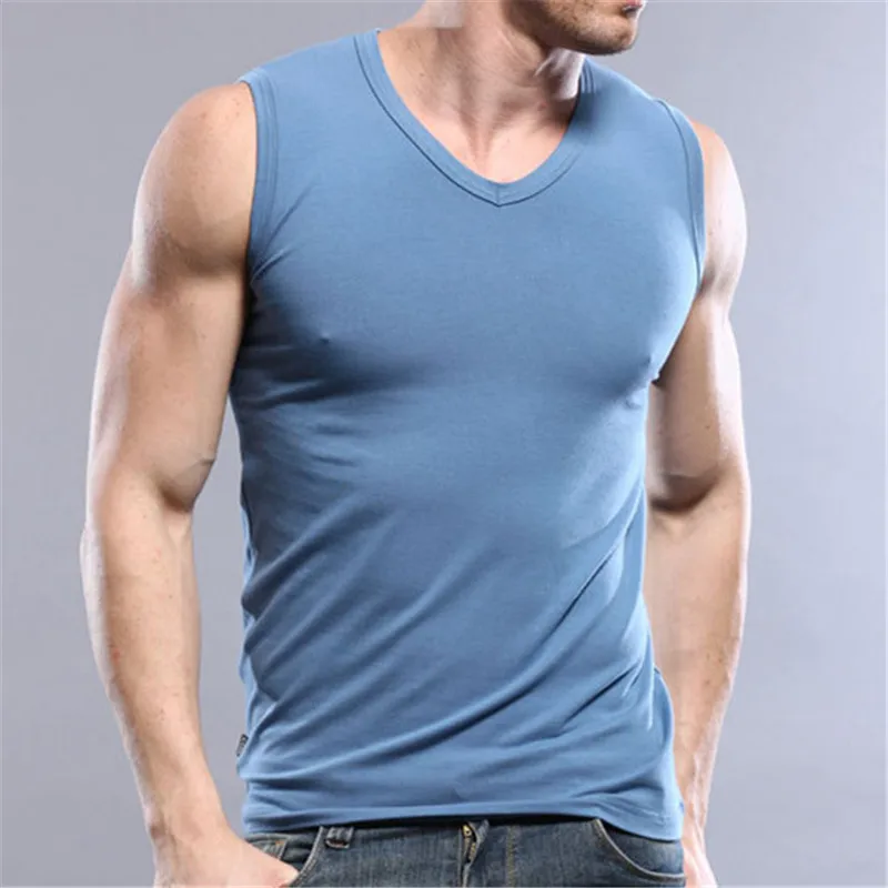 Мужская Облегающая майка из эластичного хлопка с v образным вырезом синяя