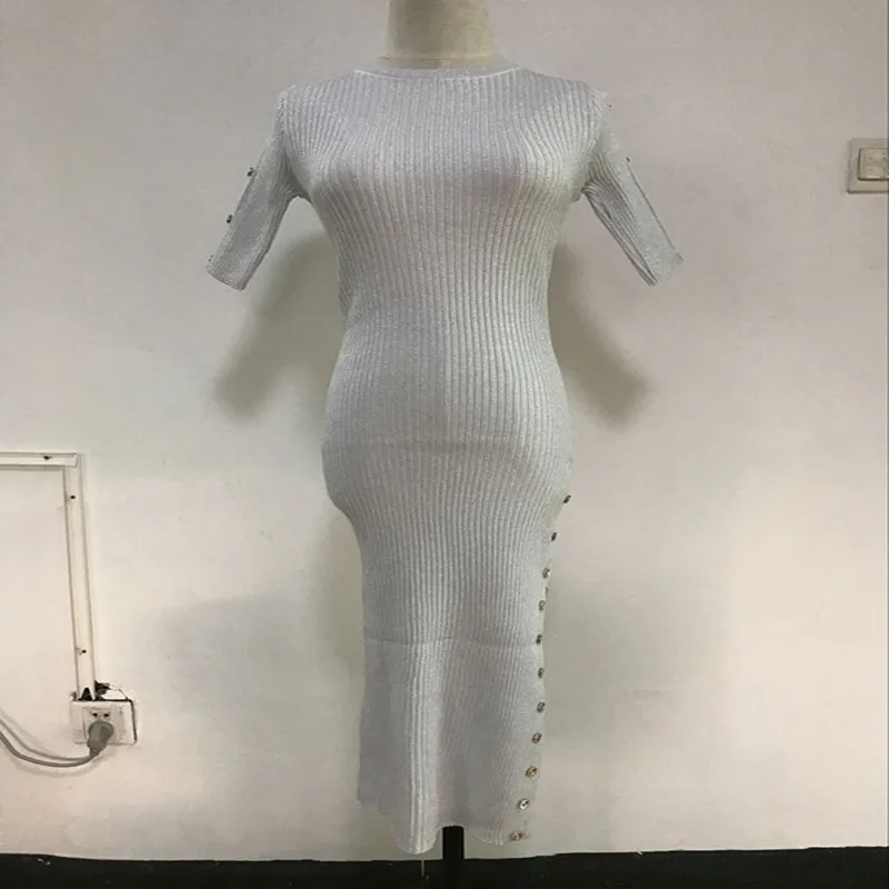 2017 Women Sexy Sparkling Half Sleeve Knitting Dresses Fashion Woman Side Splits Buttons Maxi Dress Vestidos | Женская одежда