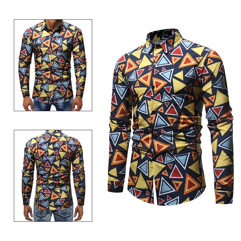 Male Slim Shirt Casual Geometric printed Men Long Sleeve Korean camisa shirts vintage Linen Fashion | Мужская одежда
