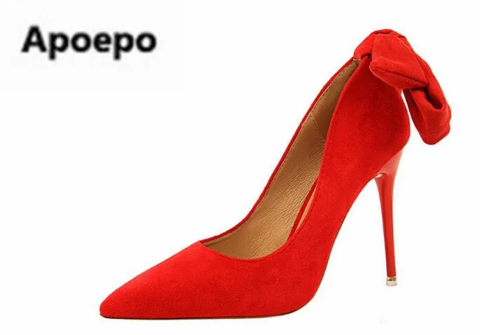 

Sales Women Shallow Red Butterfly-knot Pumps Suede Pointed Toe ladies Dress Lace up High Heels Summer Wedding Shoes 2022
