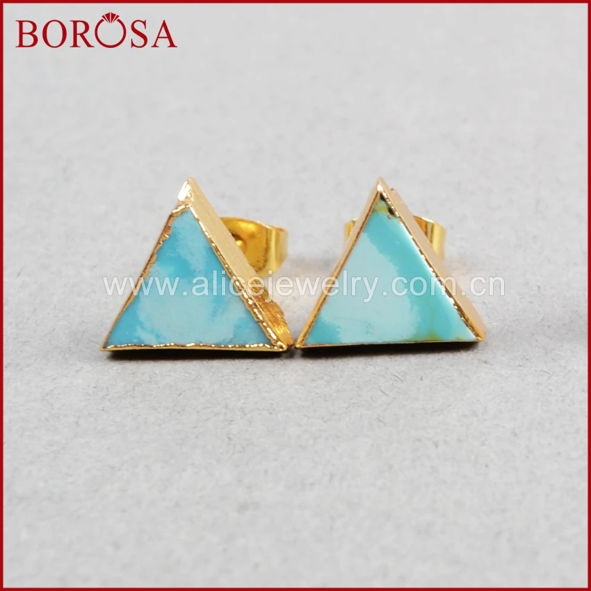 Женские серьги гвоздики BOROSA Triangle 100% натуральная бирюза Модные Позолоченные с