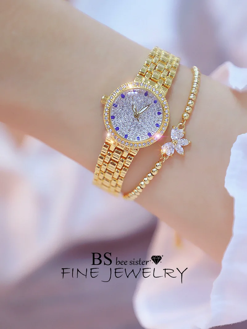 Топ Роскошные женские золотые часы relojes de mujer стальные женские часы модные женские кварцевые наручные часы+ браслет+ коробка для часов