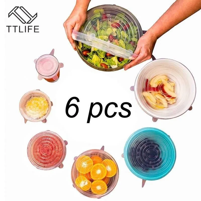 

TTLIFE 6pcs/set Stretchable Silicone Lids Durable Reusable Food Save Cover Heat Resisting Fits All Sizes and Shapes of Container