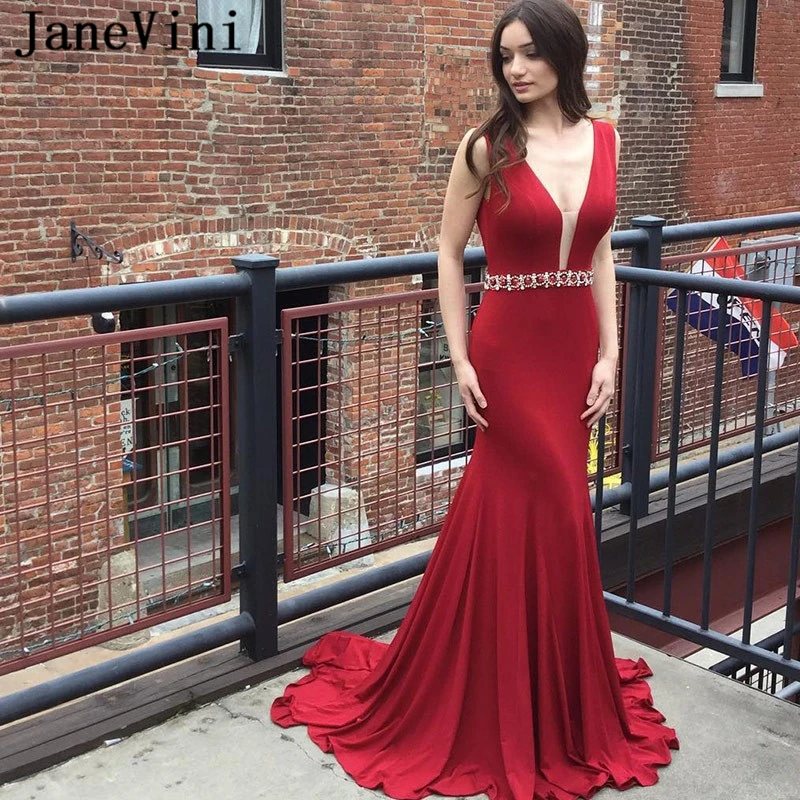 

JaneVini Elegant Mermaid Prom Dresses Red 2019 Sexy Deep V Neck Beaded Backless Satin Formal Long Party Gowns Bestidos De Gala