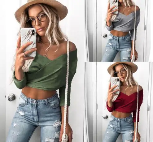 Женская женская с открытыми плечами тонкий рукав v образный вырез короткий топ